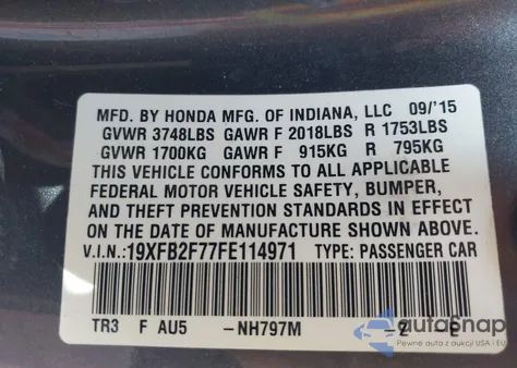 2015 Honda Civic Se z USA, uszkodzony, nr VIN 19XFB2F77FE114971